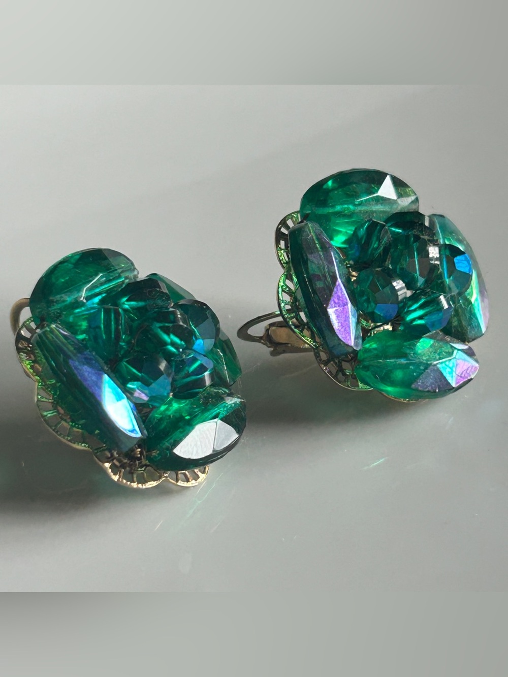 Vintage Vogue Green/Blue Peacock Iridescent Clip-On Earrings